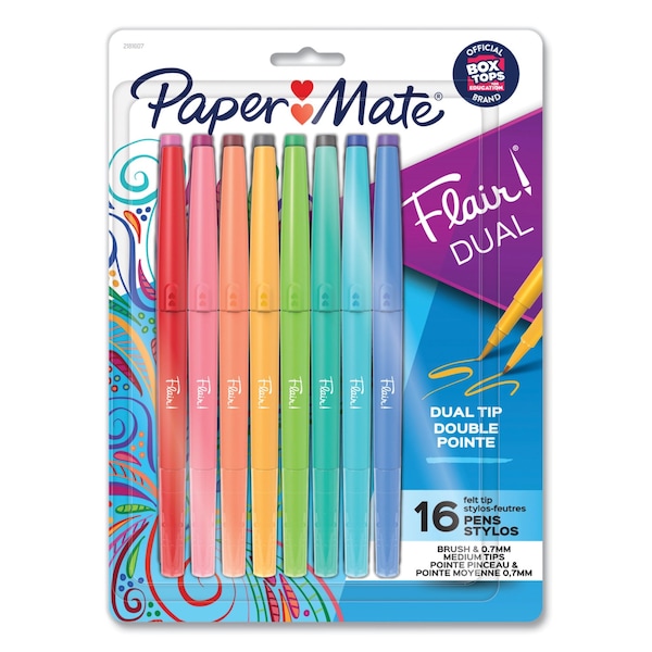 Flair Duo Felt Tip Porous Point Pen, Stick, Medium 0.7 mm, Assorted Ink and Barrel Colors, 16PK